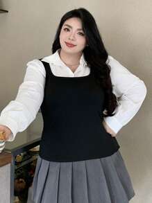 Dazy Plus Plus Size Women Colorblock Patchwork 2 In 1 Sleeveless Shirt, Autumn