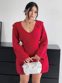 SHEIN Unity 大码纯色纹理花朵装饰毛衣裙，秋冬新品 - 紅色 - 查看 3