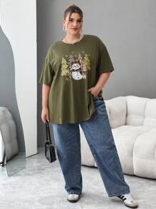 SHEIN CURVE+ Plus Size Christmas T-Shirt With Christmas Tree And Snowman Print, For Autumn/Winter