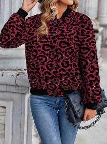 Chiquease Casual Leopard Print Baseball Jacket For Autumn - Burgundy - View 4