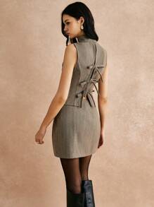 Poéselle 2pcs/Set Women Elegant Stand Collar Back Tie Camisole Top And Skirt Set, Office Suit,2024AW Winter