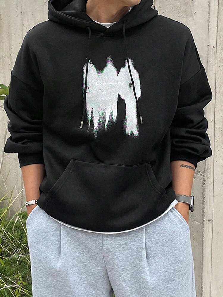 Men Pocket Printed Casual Pullover Hoodie, Everyday Wear