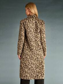 SHEIN BAE Women's Leopard Print Lapel Neck Long Sleeve Long Overcoat, Fashion For Autumn