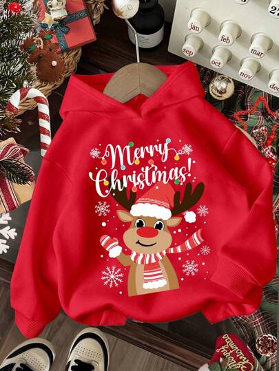 SHEIN Bluza z kapturem dla dziewczynek w stylu casual, gruba, z motywem jelenia i płatka śniegu, odpowiednia na jesień/zimę