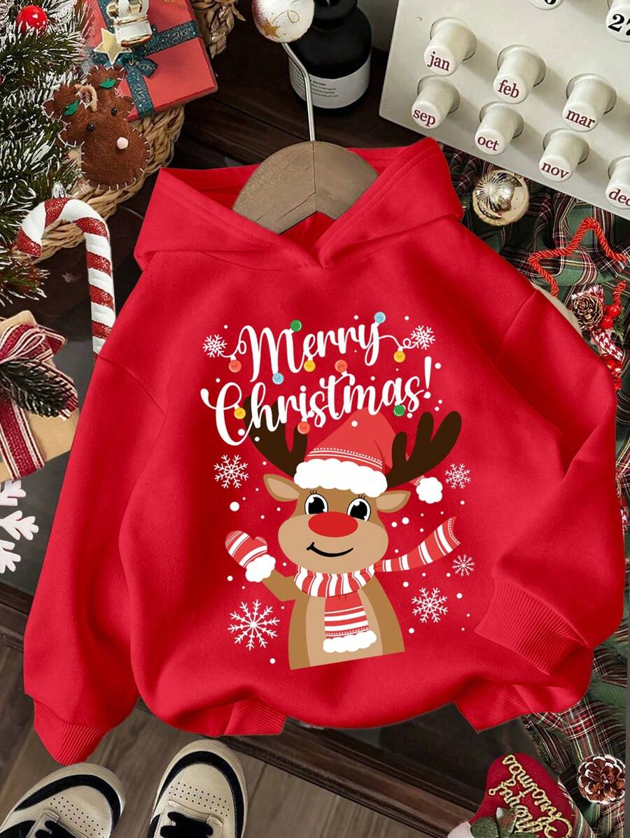 SHEIN Leap Crew Bluza z kapturem dla dziewczynek w stylu casual, gruba, z motywem jelenia i płatka śniegu, odpowiednia na jesień/zimę