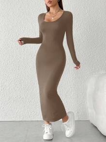 SHEIN PETITE Ladies Solid Color Round Neck Long Sleeve Slim Fit Casual Long Dress, Autumn - Coffee Brown - View 5