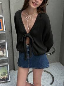 INAWLY 女休闲镂空针织百褶开衫宽松纯色时尚复古前打结开衫灯笼袖毛衣秋冬 - 黑色 - 查看 4