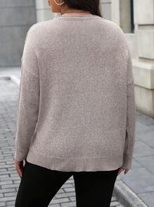 SHEIN LUNE Plus Size Pullover Sweater, For Winter Knit Pullover Fall - Khaki - View 2