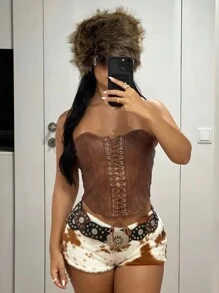 SHEIN ICON Allover Print Fuzzy Metal Grommet Sexy Shorts - Multicolor - View 5