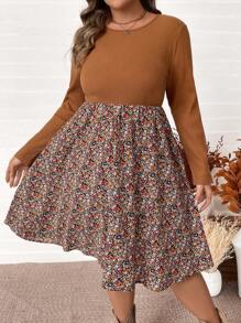 SHEIN VCAY Plus Size Khaki Patchwork Ditsy Floral Round Neck Long Sleeve Midi Dress, Colorblock Casual Warm Thanksgiving Dress