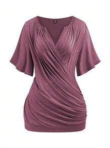 SHEIN LUNE 大码休闲纯色 V 领褶皱裹身 T 恤新年服装 - 紅色 - 查看 1