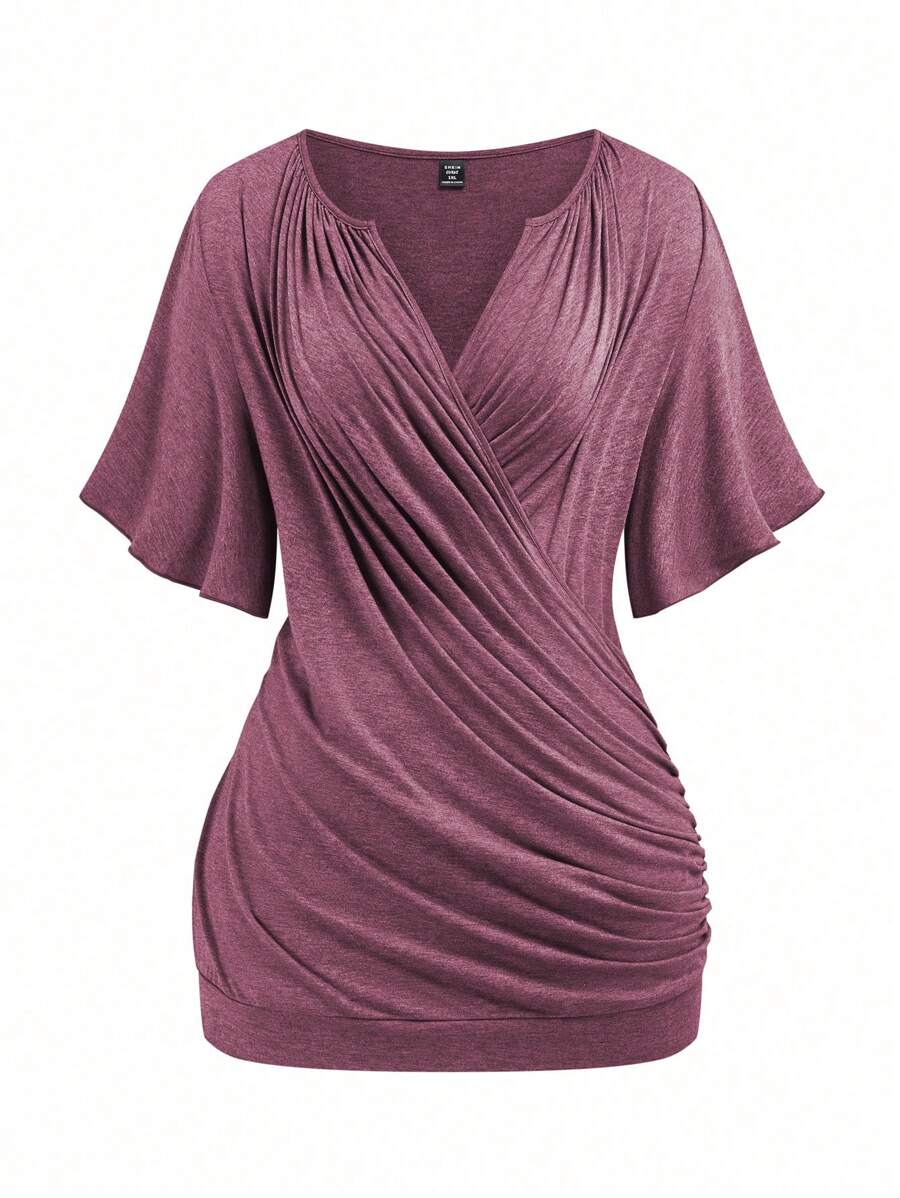 SHEIN LUNE 大码休闲纯色 V 领褶皱裹身 T 恤新年服装 - 紅色 - 查看 1