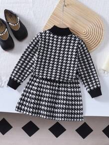 2pcs/Set Young Girl Plaid Collar Top And Knitted Skirt - Black and White - View 2