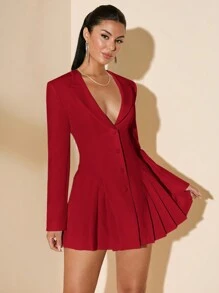 SHEIN BAE 1 件女士优雅纯白色深 V 领、翻领、前扣长袖褶皱连衣裙，夏季