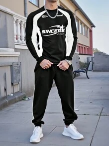 Manfinity LEGND 2 piezas Chándal casual de talla grande para hombres con sudadera de cuello redondo con estampado de letras en contraste y pantalón de chándal con bolsillo con cordón