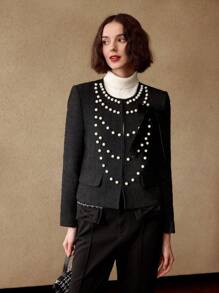 MOTF PREMIUM TWEED FAUX PEARL DETAIL JACKET - Black - View 8