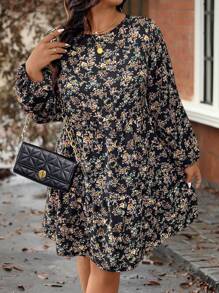SHEIN LUNE Vestido casual suelto de manga farol con cuello redondo y estampado floral, perfecto para vacaciones, tallas grandes para mujeres