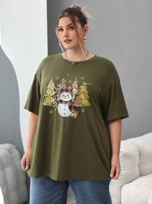 SHEIN CURVE+ Plus Size Christmas T-Shirt With Christmas Tree And Snowman Print, For Autumn/Winter