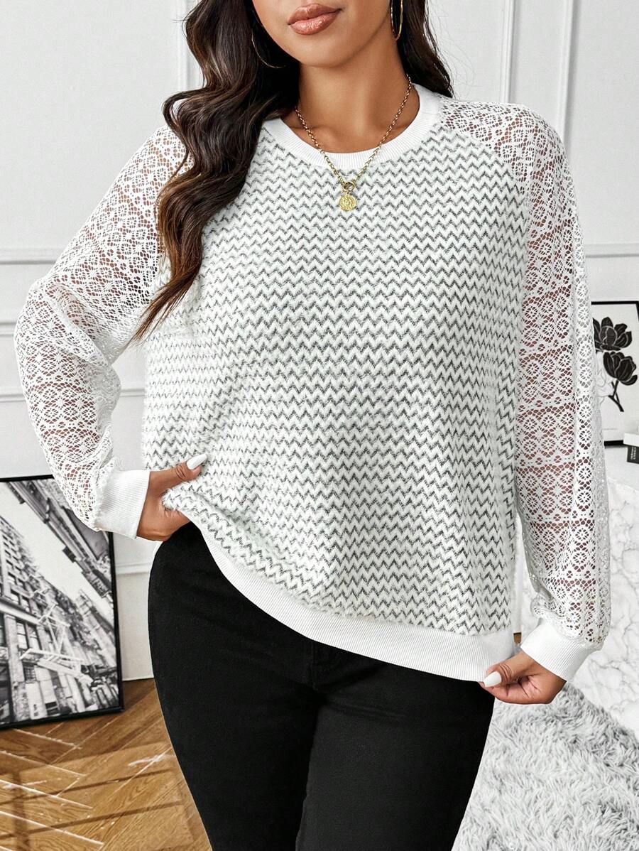 Flirla 大码纯色圆领优雅长袖蕾丝拼接卫衣套头衫秋季款 - 杏色 - 查看 1