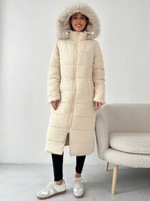 Aloruh Áo khoác lông dài rộng rãi có mũ trùm đầu chắp vá có đệm lưng cho nữ, ấm áp cho mùa thu/đông - Màu be - Xem 3