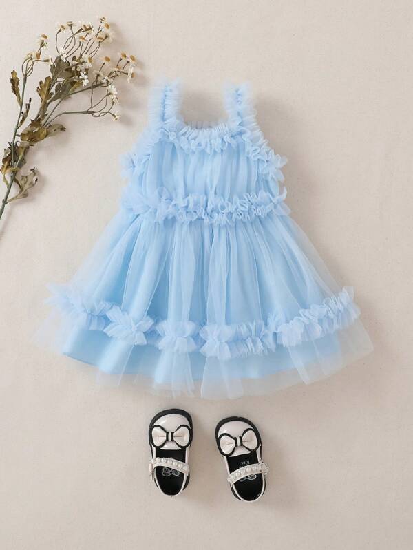Souflis Souflis Baby Girl Ruffle Trim Mesh Overlay Cami Dress