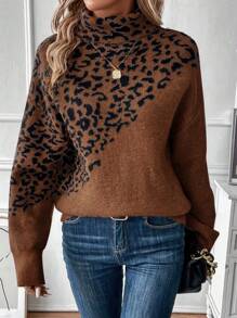 SHEIN LUNE Áo len cổ cao họa tiết da báo dệt kim phối nhiều mảnh, kiểu dáng giản dị, thích hợp cho mùa thu/đông. - màu nâu - Xem 5