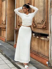 Chiquease 3D刺绣透视不对称领口长袖T恤连裙子两件套 - 杏色 - 查看 4