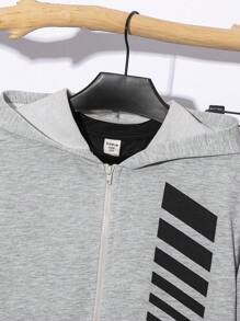 SHEIN Tween Boy Super Affordable Teenage Boys Children Clothing Oversized T-Shirt Basic Shirt Autumn/Winter Sports Zipper Sweatshirt Graphic Sweatshirt Sweatpants T-Shirt 3-Piece Set, Suitable For Commuting, School, Casual, Sporty, Autumn/Winter