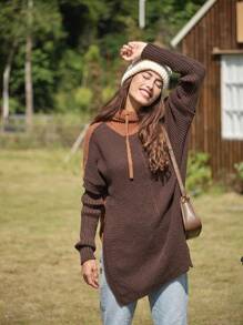 LanaWest Women Hooded Contrast Color Split Hem Casual Pullover Sweater, Long Sleeve