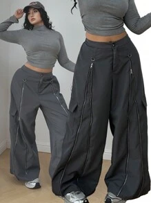 SHEIN MOOSTA Loose Plus Size Casual Pants With Zipper & Flared Leg Design - Grey - View 1