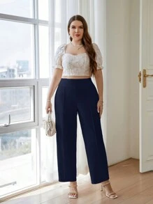 SHEIN PETITE CURVE Quần ống đứng màu trơn thường ngày cỡ lớn, thích hợp mặc hàng ngày - Màu xanh hải quân - Xem 3