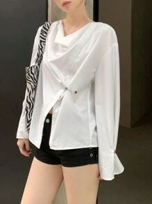 DAZY 1 pieza Blusa de mujer con cuello drapeado asimétrico y manga larga, con volantes - Blanco - Ver 7