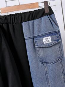 SHEIN 2 件 Tween Boy 休闲时尚牛仔拼布连帽衫和工装裤套装，适合秋冬季日常穿着 - 彩色 - 查看 7