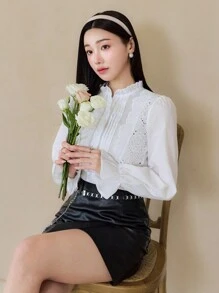 EastFlair Áo cánh tay bèo thêu màu trơn phong cách cung điện mùa thu cho nữ màu trắng - trắng - Xem 6