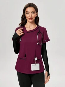 TaskEZ 1 件女士不对称领短袖护理服手术服制服上衣 - 紫色 - 查看 3