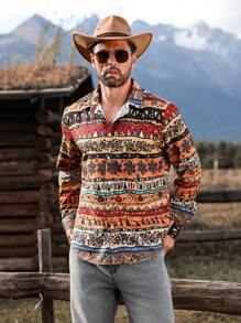 Manfinity Nomadique Men's Geometric Graphic Colorful Print Long Sleeve Single-Breasted Casual Shirt, Autumn,Western Cowboy Style Blue Shirt, For Hunting, Husband - Multicolor - View 5