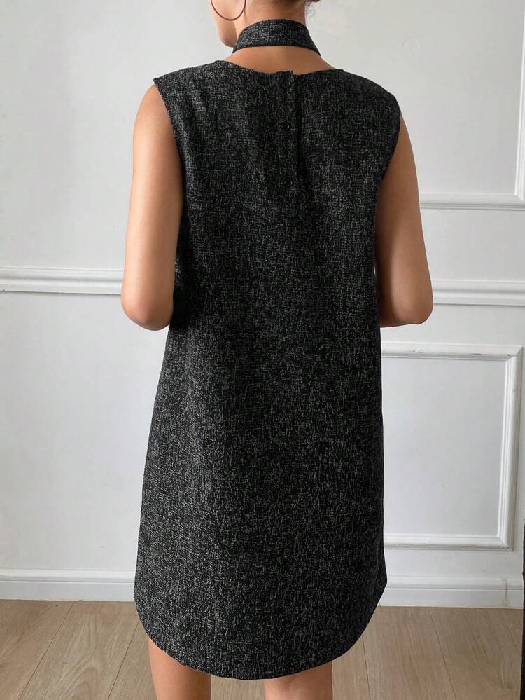 Elegant Solid Color Sleeveless Round Neck Tie Waist Straight Mini Dress For Women Sundress,Fall Clothes