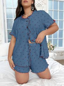 CottageSlumber Plus Size Cherry Printed Pajama Sleepwear Set With Frill-Edged Open Front And Round Neckline - Blue - View 4