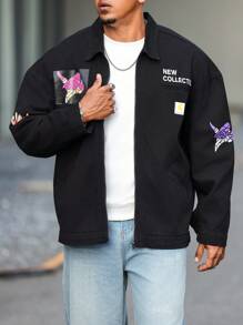Manfinity LEGND Plus Size Men Letter & Graphic Print Zipper Front Casual Denim Jacket, Versatile Style