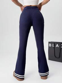 SHEIN EZwear Autumn Winter Yoga Casual Color Block Striped Flare Knit Sweater Pants Set - Navy Blue - View 2