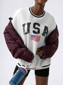 VARSITIE Striped Letter Print Round Neck Long Sleeves Loose Women Sweatshirts