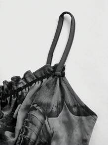 ROMWE Fairycore Women's Fashion Butterfly Print Frill Strap Tank Top, Summer - Black and White - View 4