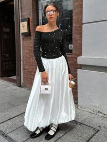 Chiquease 春季不对称肩部长袖T恤，人造珍珠肩部上衣 - 黑色 - 查看 6