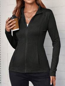 EMERY ROSE 休闲花卉印花灰色立领修身运动夹克，秋季 - 黑色 - 查看 3