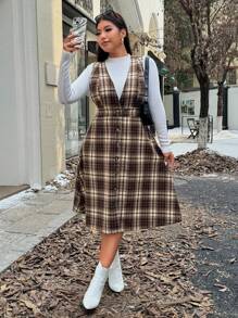 SHEIN Franclia Plus Size Retro Diepe V-hals Geruite Tweed Pinafore Jurk