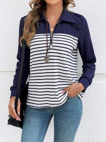 EMERY ROSE Quarter Zip Blue Long Sleeve Blue Patchwork Striped Women's Sweatshirt - Navy Blue - View 3