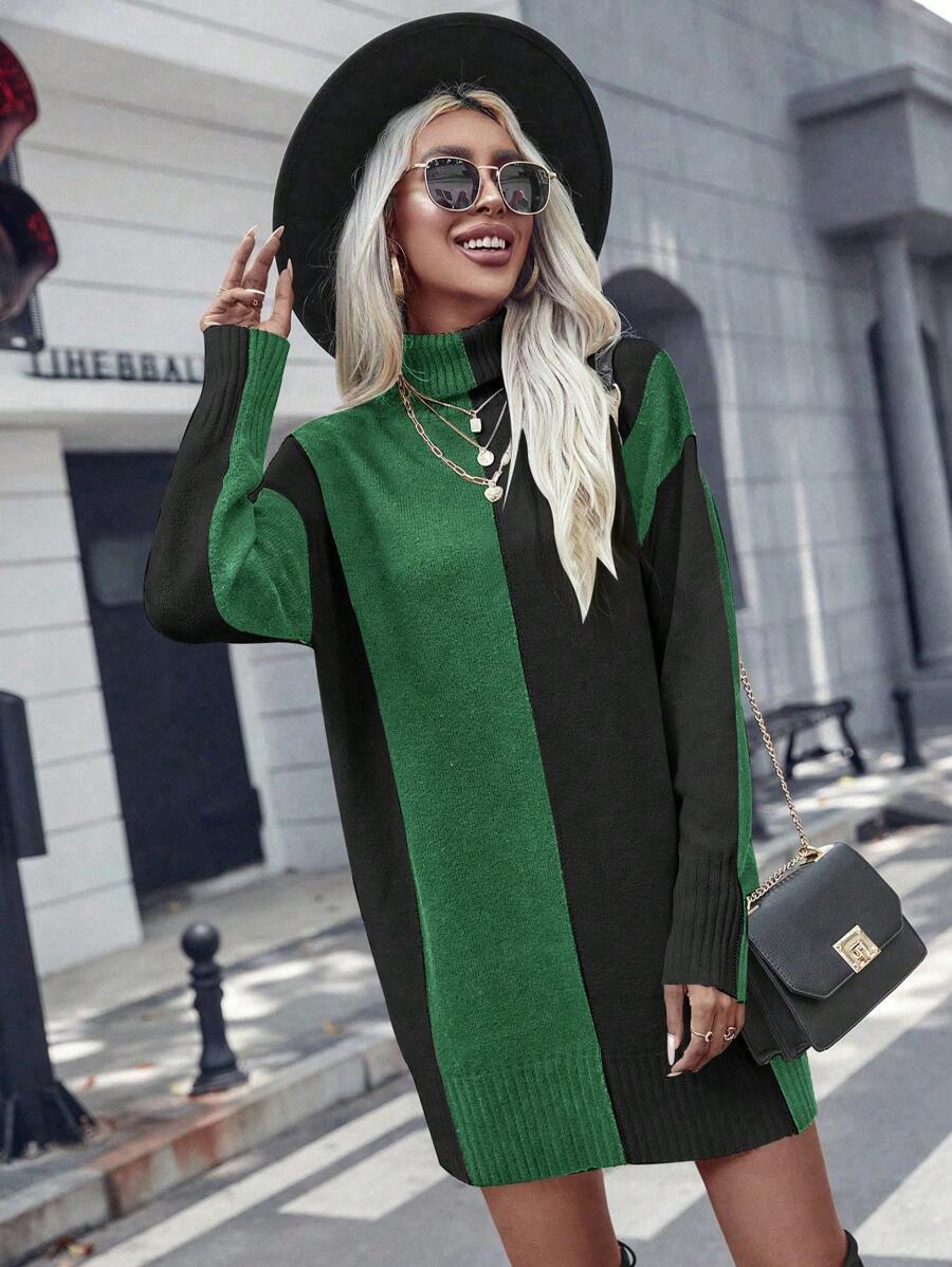 SHEIN Clasi Casual Minimalist Colorblock High Neck Sweater Dress, Autumn/Winter - Army Green - View 1