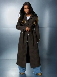 SUMWON WOMEN Suede Fringe Western Trench Coat Fall Winter Designer Statement Outerwear Buckle Details Long Coat - Black - View 4