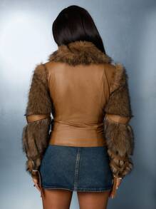 SUMWON WOMEN Chaqueta de moto con mangas de piel sintética de lujo, con doble cinturón para el invierno y el otoño, una declaración de moda, con cremallera delantera, moda alta y chic de street wear