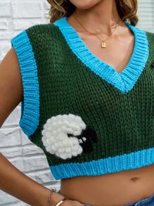 SHEIN EZwear Women Solid Color V-Neck Decoration Patchwork Casual Knit Vest - Multicolor - View 5